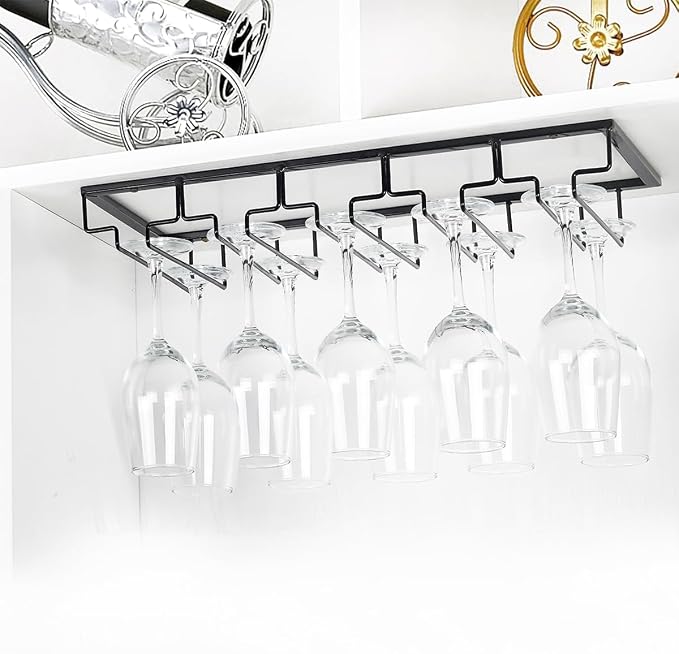 FOMANSH Wine Glass Rack - Under Cabinet Stemware Wine Glass Holder Glasses Storage Hanger 2 Pack Metal Organizer for Bar Kitchen 5 Rows Black