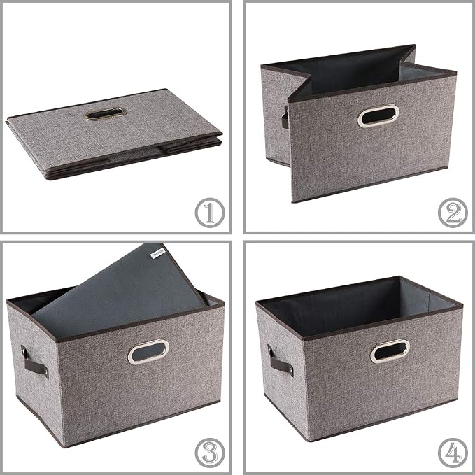 PRANDOM Larger Collapsible Storage Bins for Closet [3-pack] Decorative Linen Fabric Storage Baskets Cubes with Leather/Metal Handles for Living Room Cloth Grey and Black Trim (17.3x12.2x10.4 Inch)