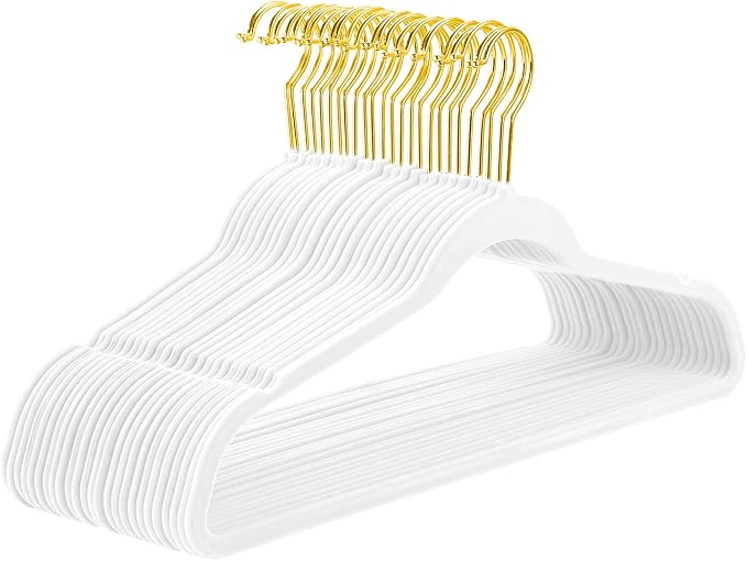 MIZGI Premium Velvet Hangers Pack 50 Pcs Heavyduty - Non Slip Slimline - Velvet Suit Hangers White - Gold Hooks,Space Saving Clothes Hangers