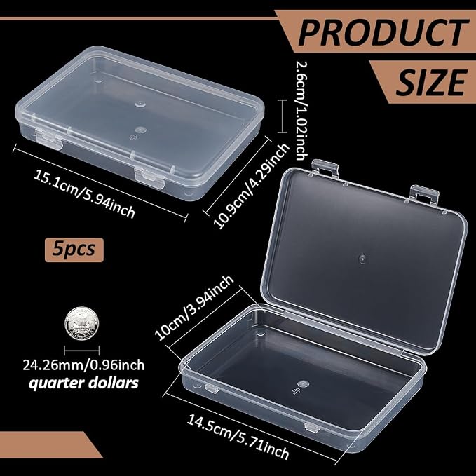 BENECREAT 5 Packs 6x4.3x1 Rectangle Large Clear Plastic Box Containers with Double Buckles for Cards, Safety Pins, Beads and Other Craft Office Supplies
