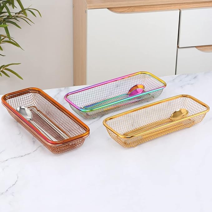 Kitchen Drawer Organizer, Stainless Steel Storage Container Metal Cabinet Storage Basket for Holding Silverware Kitchen Utensil, Pack of 2, Orange