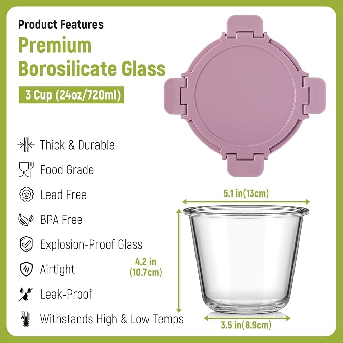 [UPGRADED LID] 6 Sets 3 Cup/24oz Borosilicate Glass Food Soup Containers with Lids, Meal Prep Storage Bowl Jars for Leftover Meal Lunch Oats Fruit Deli Salads - Microwave, Oven, Freezer Safe -BPA Free