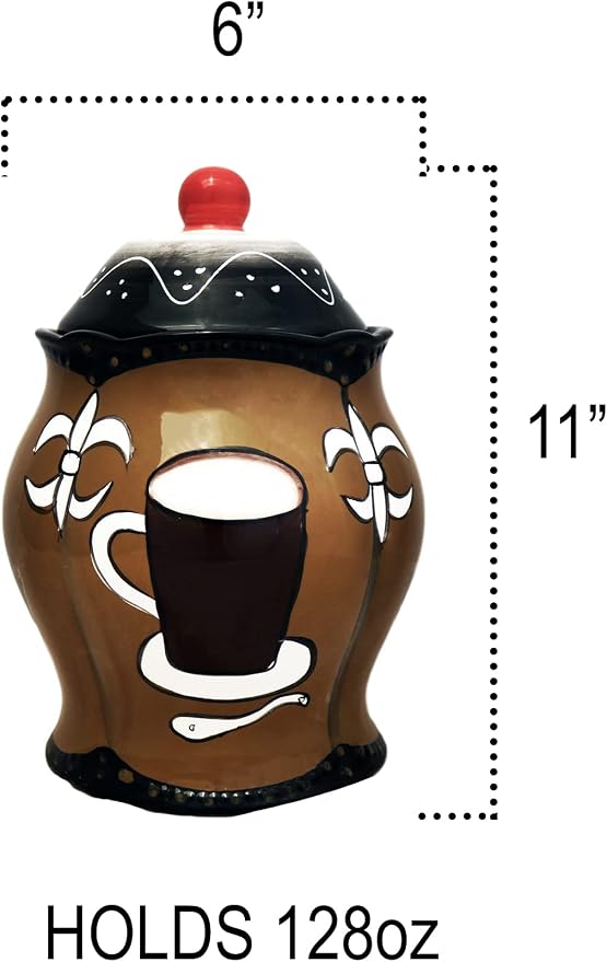 ACK Tuscany Hand Painted Fleur De Lis Coffee Design Collection Ceramic Cookie Jar with Lid, Food Storage Jar, Kitchen Décor, Snack Storage Container for Cookie, Candy
