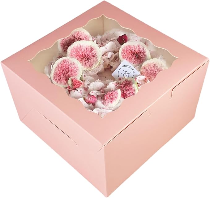 qiqee 10x10x5 Cake Box, 4 Sets Pink Cake Box with Window ＆ 4 Sets 10" Pink Cake Round Boards, 10inch Cake Containers