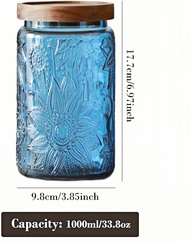ANSQU Set of 2 Vintage Blue Glass Storage Jars with Wood Lids, 34oz Kitchen Canisters for Coffee, Sugar, Cookies, Candy – Decorative Pantry Organizers (Blue 2, 34 Ounces)