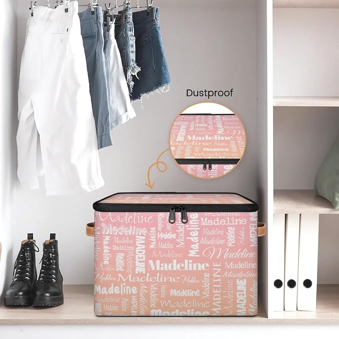 Custom Storage Basket with Name, Personalized Keepsake Box with Zipper Lid, Foldable Fabric Memory Bin Large capacity with Handle Pink Orange