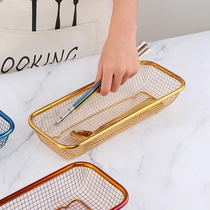 Kitchen Drawer Organizer, Stainless Steel Storage Container Metal Cabinet Storage Basket for Holding Silverware Kitchen Utensil, Pack of 2, Orange