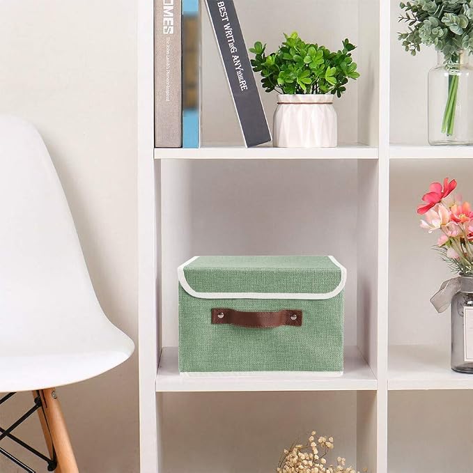 2Pack Storage Bins Boxes with Lids 15"x10"x10" Decorative Storage Baskets | Cotton Linen Fabric, Collapsible, Faux Leather Handles, Storage Cubes, Closet Shelf Clothes Organizer Container, Green
