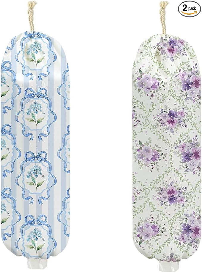 2Pcs Flower Plastic Bag Holder 22.5x9 Inch, Wall Mount Grocery Bag Holder for Plastic Bags, Bow Washable Grocery Bags Storage Dispenser for Home Kitchen Decor, Purple Flower Gifts for Women Mom