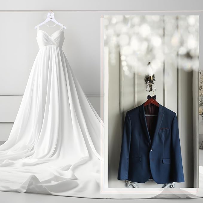 Beeveer 2 Pcs Bride Hanger for Wedding Dress Bride and Groom Wooden Wedding Dress Hanger Set with Bow Tie for Tuxedo Suit Gift Bridal Party Shower