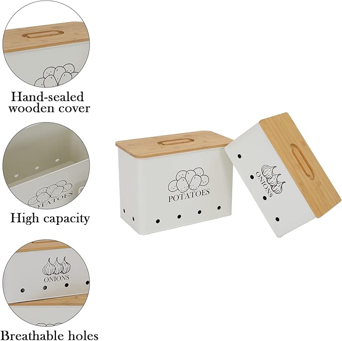 Potato Onion Storage Box, Food Container Sets, Storage Canisters for Vegeatables, Set of 2 Jars Pots Containers, Potato & Onion Bin with Aerating Tin Storage Holes & Bamboo Lid-White