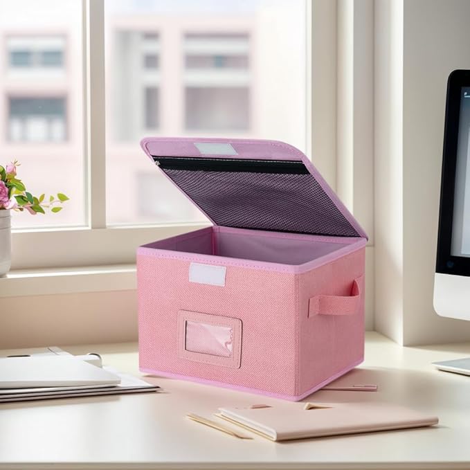 Small Storage Box, Storage Basket with Lid, Foldable Cotton Linen Fabric Keepsake Box, Organizer Container with Zipper for Decorative, Medicine, Greeting Card Organizer. (Pink, 1 Pack)
