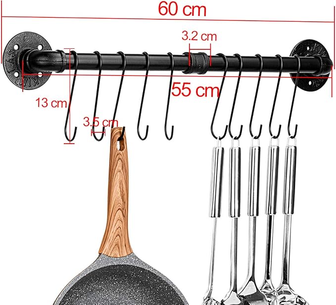 Toplife 23.7 inch Pot Rack, Kitchen Wall Mounted Detachable Pan Lid Utensils Organizer Hanging Rail with 10 Hooks, Black