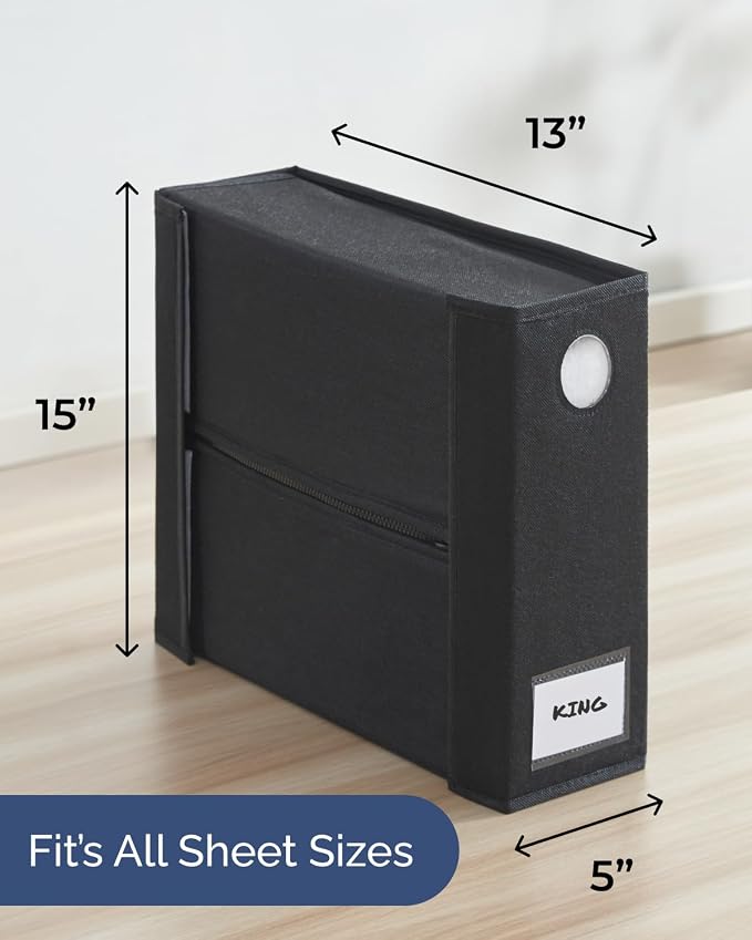 2 Pack Sheet Organizers - Foldable Storage Sheets Set Organizer for Linen Closet - King & Queen Size - Folder Keeper with Window XL - Blanket, Duvet & Pillowcases Dustproof Bedding Container - Black