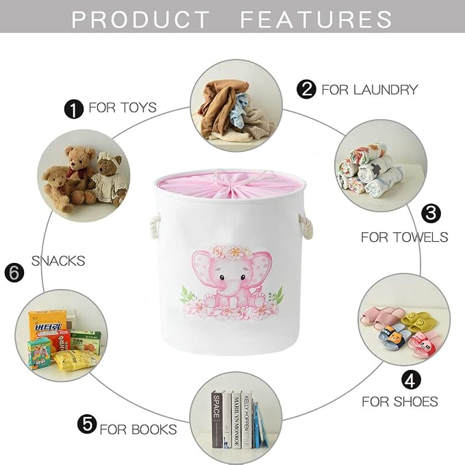 Laundry Baskets Kids Laundry Hamper, Pink Baby Hamper Elephant Basket Large Collapsible Kids Hamper with Handles Waterproof Round Linen Storage Basket for Toddler/Girls (Pink Elephant)