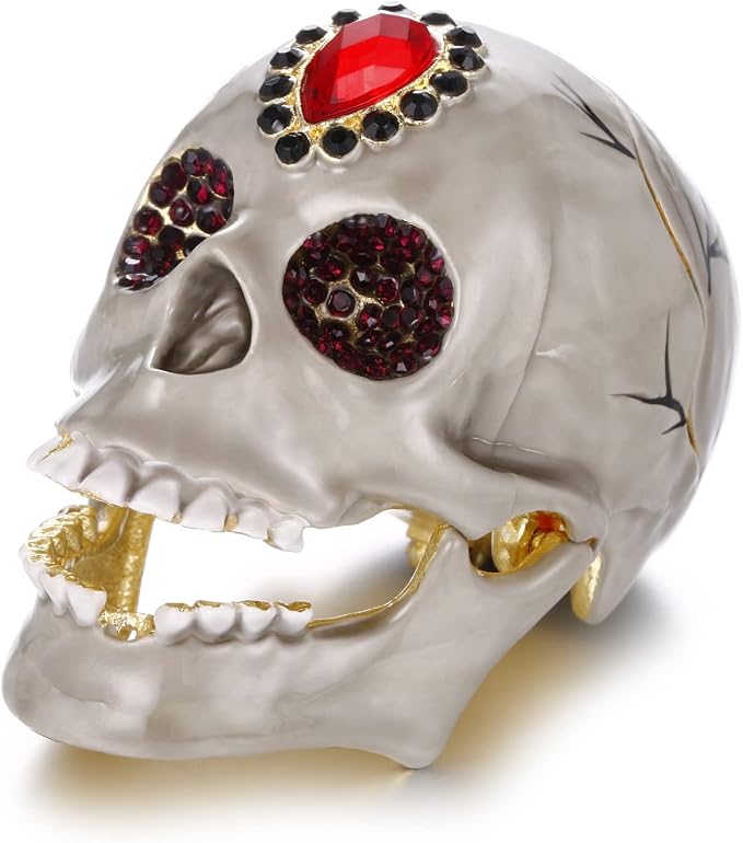 Hand Painted Animal Trinket Box for Home Decor, Hinged Jewelry Organizer Storage, Unique Personalized Collectible Keepsake Figurine Handmade Decorative Ornament Gifts (Skull Head)