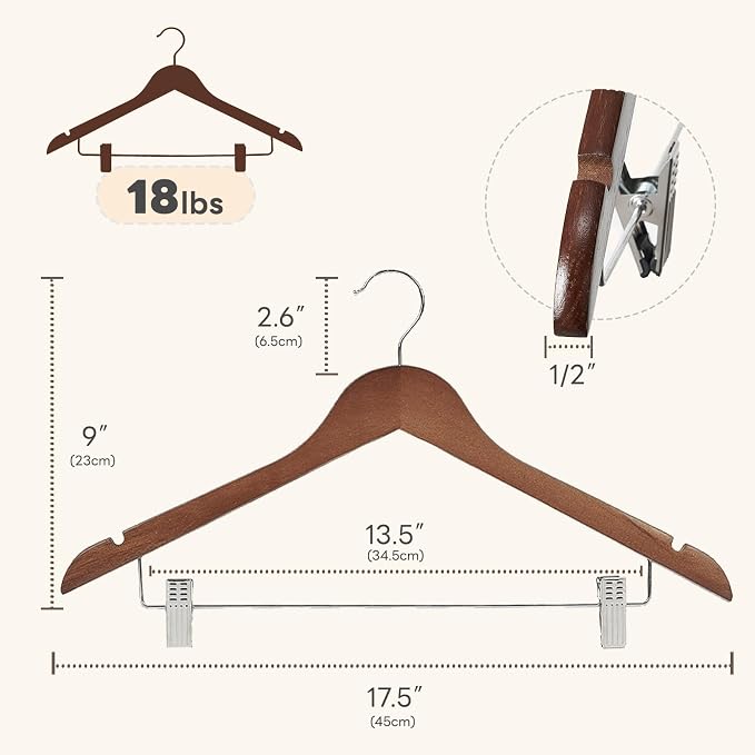 HOUSE DAY Wooden Hangers with Clips 24 Pack, Heavy Duty Walnut Wood Pants Hanger, Premium Skirt Hanger with Adjustable Clips, Solid Clip Hangers for Suit, Blouse, Dress, Coat, Jacket, Bottom