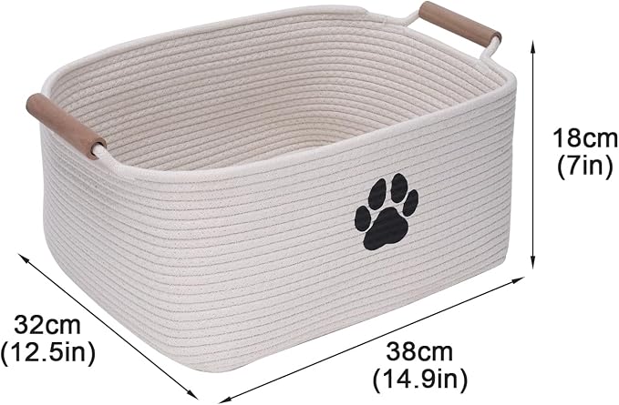 Geyecete dog toy basket Cotton Rope dog toy box with wood handle pet toy bin Blanket Storage Basket Decorative Clothes Hamper Basket Large Baskets