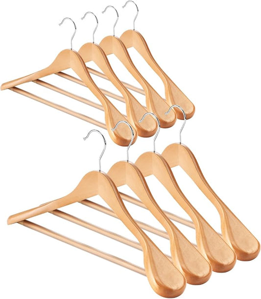 AMKUFO Wide Shoulder Wooden Hangers 8 Pack Coat Hanger with Non Slip Pants Bar, Heavy Duty Suit Hanger Wood Clothes Hangers with Smooth Finish 360° Swivel Hook for Sweater Jackets Shirts Natural