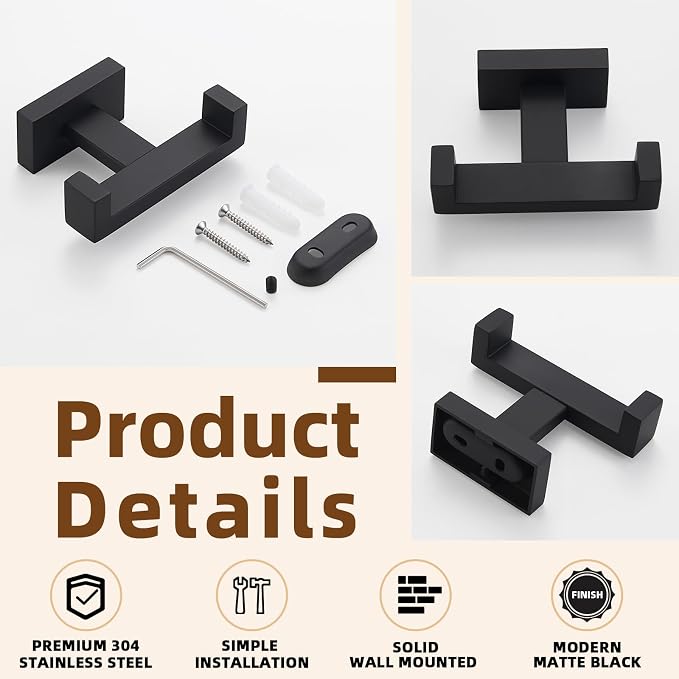 APLusee Double Robe Towel Hook, 304 Stainless Steel Square Dual Coat Hook, Utility Bath Kitchen Storage Hanger Holder, Matte Black
