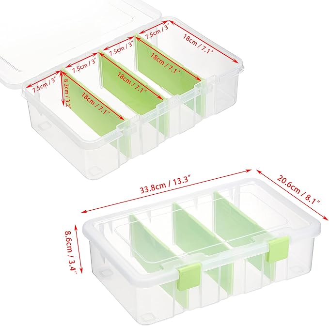 BTSKY Clear Plastic Dividing Storage Box with 4 Compartments Adjustable Storage Bin with Lid Plastic Craft Storage Container Multipurpose Sewing Box Art Supply Organizer, 13.3x8.1x3.4 Inches, Green