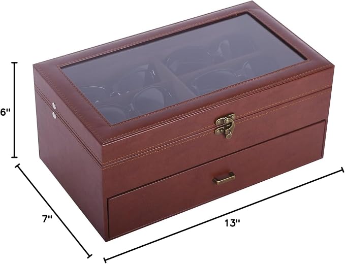 AUTOARK Leather & Velvet 12 Piece Eyeglasses Display Case,Coffee,AW-164 | Clear Lid,Storage and Sunglass Organizer,Drawer Lockable
