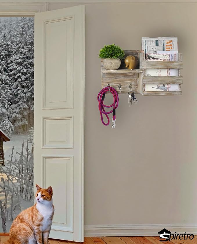 Rustic Wooden Wall-Mounted Key Hooks Holder & Mail Sorter | Farmhouse Decor | 3 Metal Hooks & Small Shelf | Natural Torched Wood | Easy Installation