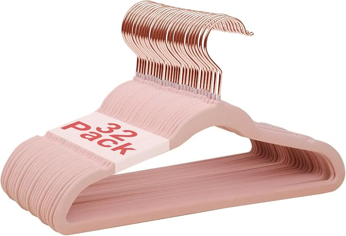 Baby Velvet Hangers, 32 Packs Kids Clothes Hangers, Non-Slip Childrens Hangers with Shoulder Notches, Storage Organizer for Infant and Toddler, 11 Inch, 0.2 Inch Slim, Rose Gold Hook, Pink