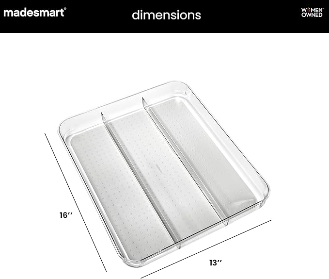 madesmart Premium 3 Compartment Clear Drawer Organizer, Multi-Purpose Storage with Soft Grip Lining & Non Slip Base, Grey