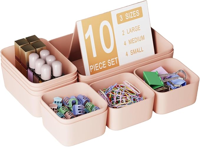 Drawer Organizers Bins 10 PCS for Bathroom Makeup Desk Office | with Non-slip Pads, 3 Sizes, Plastic Tray, Vanity Organizer, Kitchen Utensils Organizer