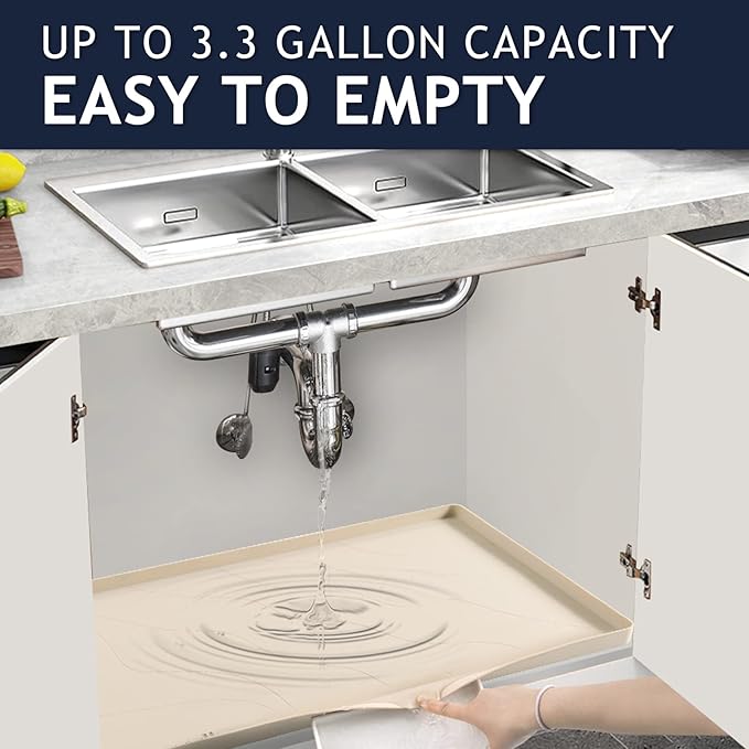 Heavy Duty Under Sink Mat,28" x 22" Silicone Waterproof Mat,Extra Thick Under Sink Liner,Kitchen Bathroom Cabinet Mat and Protector for Drips Leaks Spills,Taupe