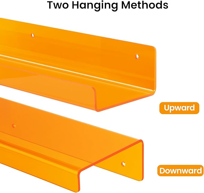 upsimples 4 Pcs 15" Acrylic Shelves for Wall Decor and Display, Orange | Cute Floating Shelf for Perfume, Skincare, Nail Polish, Wall Organizer for Bedroom, Living Room, Playroom, Room Décor