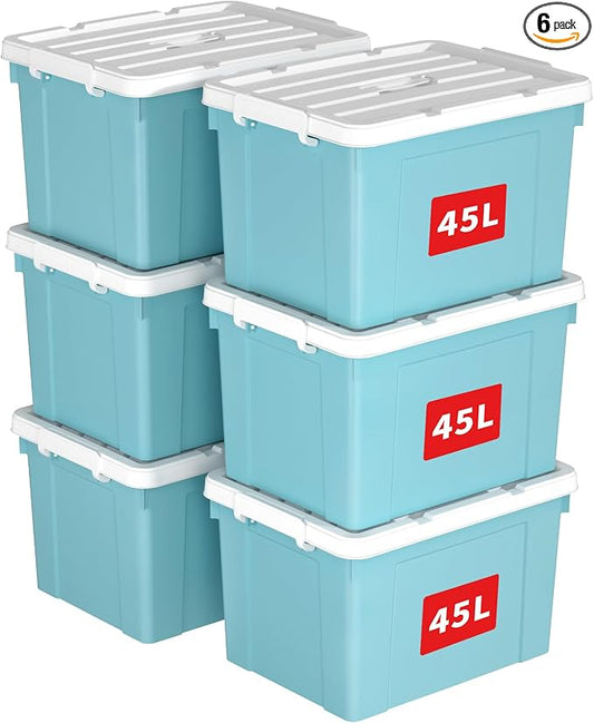 Cetomo Lidded Storage Bin with Handle, Tote Organizing Container with Durable Lid and Secure Latching Buckles, Stackable and Nestable, Plastic, 50 Quart-6 Pack, Blue
