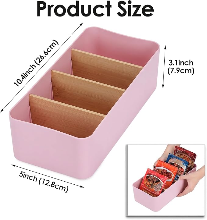 BSTKEY Seasoning Packet Organizer, Food Storage Organizer with Divided 4 Bamboo Wood Compartments, Pink Plastic Storage Caddy for Pantry Cabinet, Kitchen Organization Bin for Snacks Spice Packet