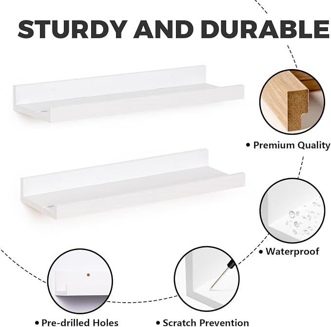 Muzilife 16" Wood Floating Shelves Wall Shelf with Lip,2Pcs, Widened, White | FSC-Certified Wood | 20 lbs Capacity | Space-Saving | Hanging Shelf | Wall Decor| Bedroom,Living Room,Bathroom,Kitchen,Office