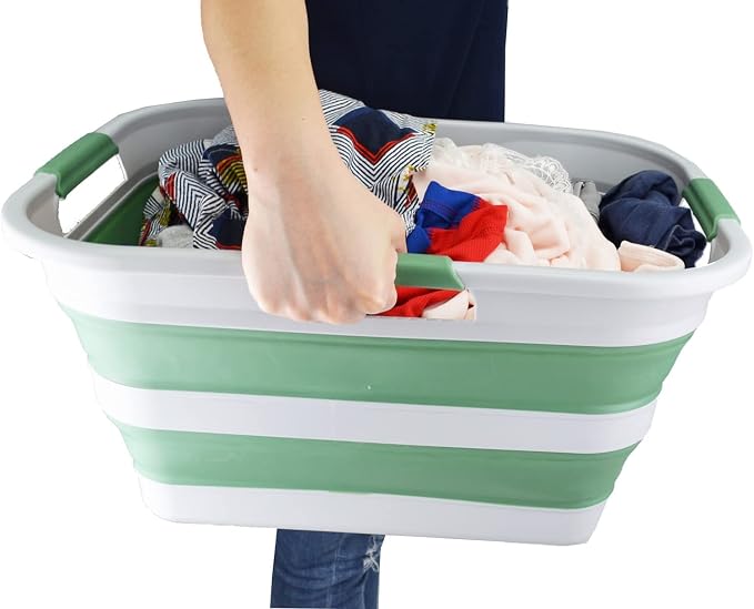SAMMART 30L(8 gallon) Collapsible Plastic Laundry Basket - Foldable Pop Up Storage Container/Organizer - Space Saving Hamper/Basket - Water Capacity 24L(6.3 gallon) (1, Grey/Dark Sea Green)