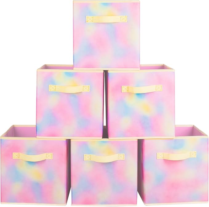 PowerKing Collapsible Storage Cubes with Handles, Fabric Foldable Bins for Closet Shelves, Durable Organization Storage Bins, 10.5'' x 11'' x 10.5'' (6Pack, Rhyme Color)