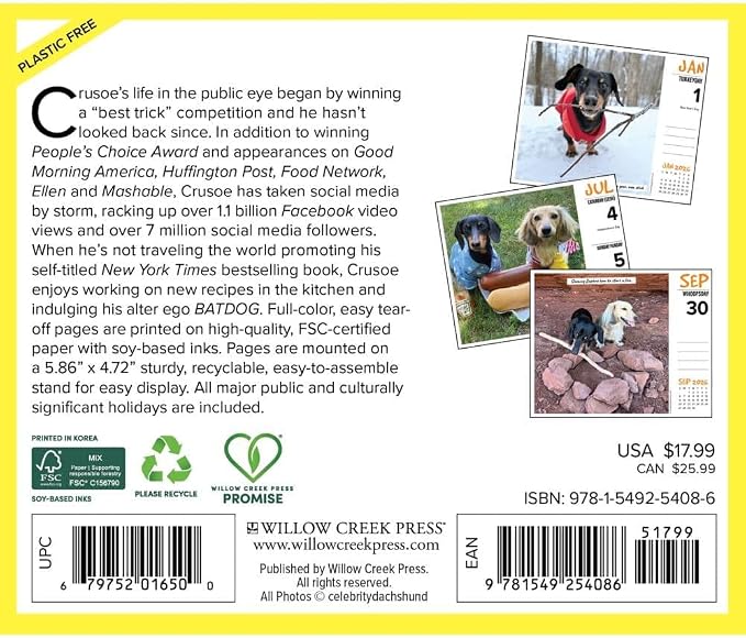 Willow Creek Press, Crusoe the Celebrity Dachshund 2026 Desk Calendar