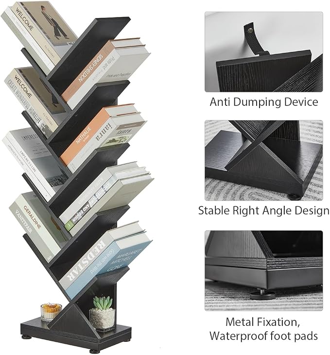 ruboka 9 Tier Tall Tree Bookshelf, Small Bookcase 11.8"*7.4"*38.4" (Black) | Retro Narrow Bookshelves for CDs/Magazines, Book Shelf for Bedroom, Living Room, Office, Balcony, Study Room