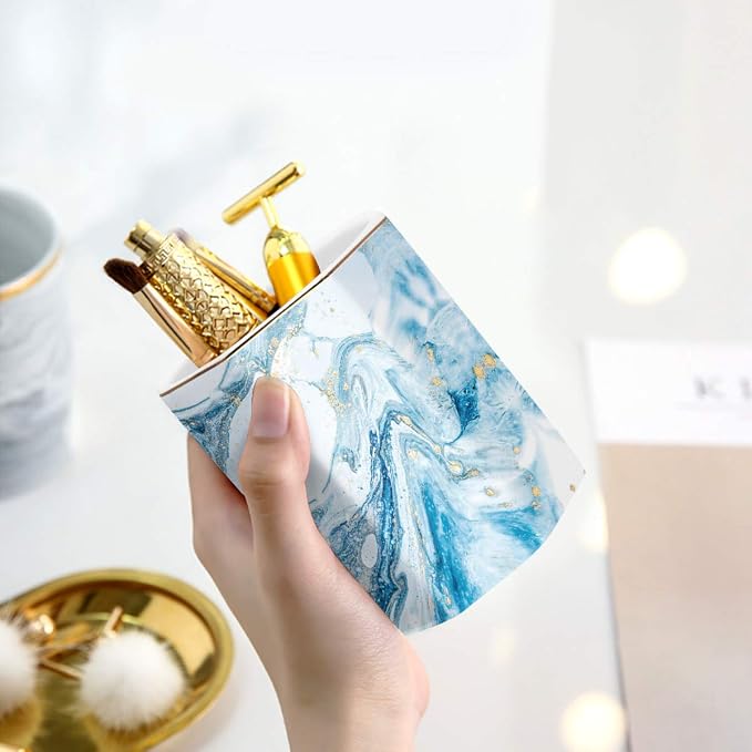 Pen Holder, Pencil Holder for Desk Marble Pattern Pencil Cup for Girls Kids Durable Ceramic Desk Organizer Makeup Brush Holder for Office, Classroom, Home, Blue Marble