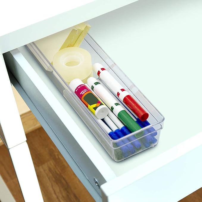 Glad Plastic Drawer Storage Tray – Heavy Duty Organizer Bin for Home, Kitchen, Bath, Bedroom, Office | Non-Slip Feet, Clear, 13x3 (Pack of 6)