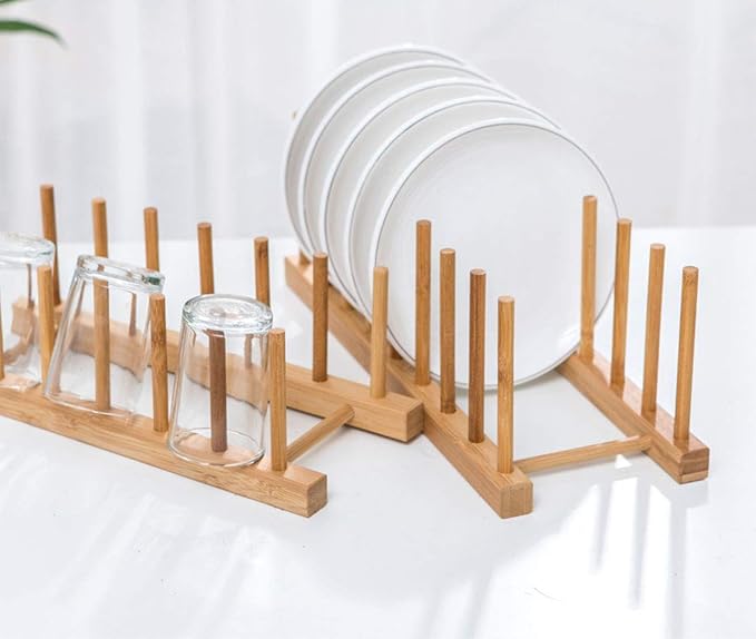 Lawei 4 Pack Bamboo Dish Drying Rack, Plate Rack Stand Pot Lid Holder, Dish Organizer Racks for Plates, Cups, Bowls, Cutting Board, Drying Rack Stand Drainer, Kitchen Cabinet Organizer