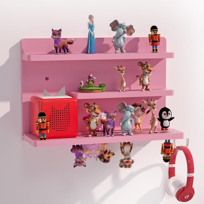 for Tonies Shelf Magnetic - Tonies Figure Organizer for Kids Room, Wooden Magnetic Display Shelf for Tonies Box Holder, Wall Floating Shelves Toy Storage Compatible Charging Station (3 Tier, Pink)