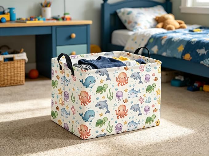 Rectangular Baby Kids Storage Basket for Home Kitchen Girls Cute Toy Storage Bin Organizer Shelf Book Room Decor(Cute Ocean)
