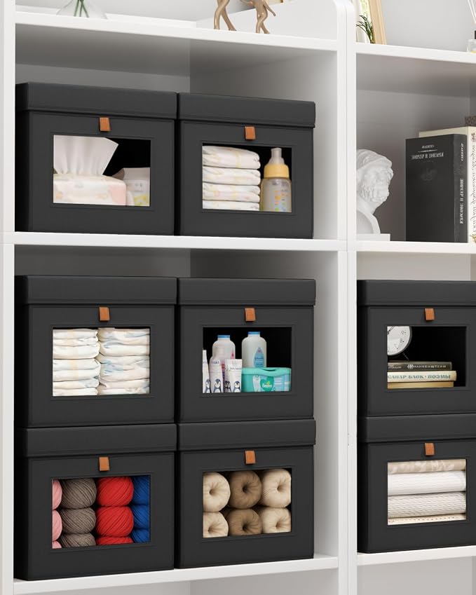 Homsorout Storage Bins with Lid – Closet Organizer with Side Opening and Clear Window, Foldable Stackable Fabric Basket for Clothes, Home, Office - 13.77" x 11.8" x 9.8", 4 Pack, Black