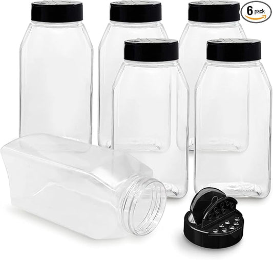 Plastic Spice Jars Bottle Containers with Black Cap, 32 Oz, 6 PACK | Clear Safe Plastic Bottle Containers with Shaker Lids, Lined Cap, PET Material, BPA-Free, Perfect for Herbs & Spices