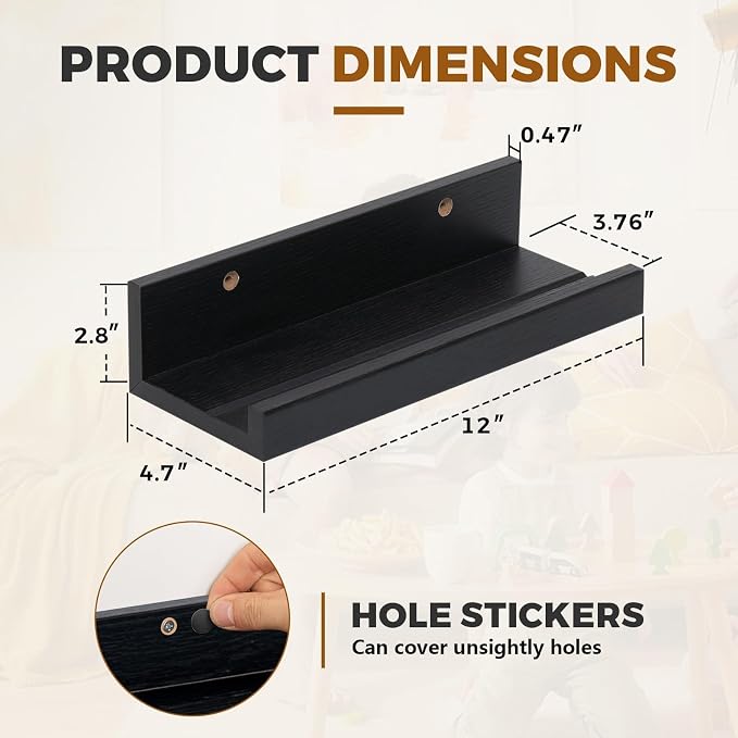 Muzilife 12" Small Floating Shelves Wood Wall Shelf with Lip, 4Pcs, Black | FSC-Certified Wood | 20 lbs Capacity | Space-Saving | Hanging Shelf | Wall Decor| Bedroom,Living Room,Bathroom,Kitchen,Office