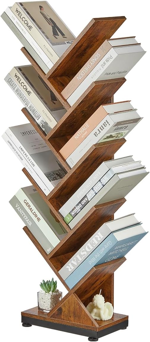 ruboka 9-Tier Tree Bookshelf Storage Organizer Display Rack | Floor standing Bookcase, sturdy wood, space-saving. Ideal Book Shelf for living room, bedroom, office. Holds magazines, CDs.