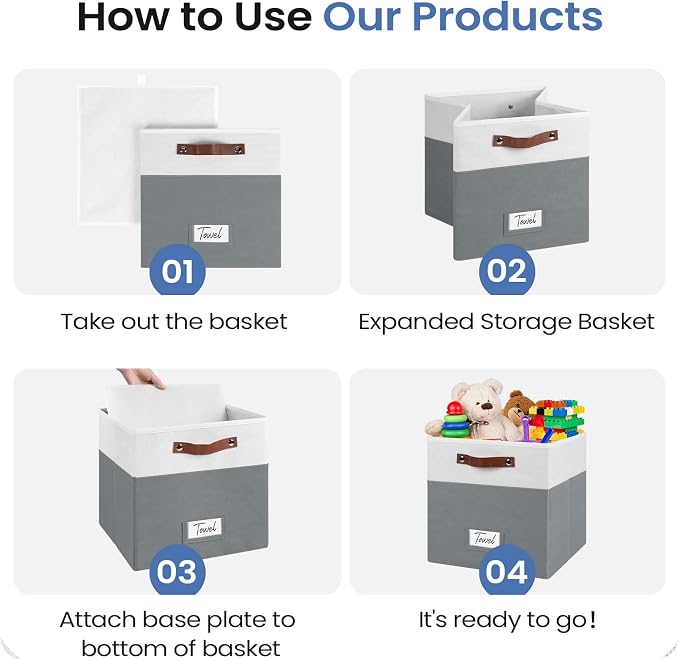 FinishingBo 6-Pack Storage Cubes with Handles & Label Holders Basket, Closet Cube Home Organizer Bins(White/Dark Grey, 13 x 13 x 13 inch)