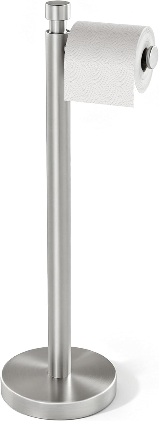 YUMORE Toilet Paper Holder Stand, Heavy Duty Stainless Steel Free Standing Bathroom Tissue Roll Holder, Brushed Nickel